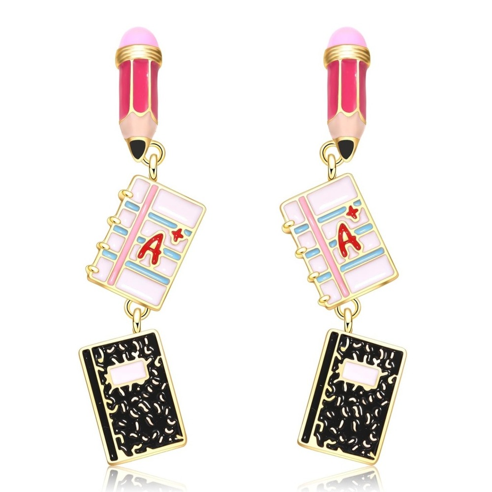Back to School Enamel Dangle Earrings Pencil A+ Notebook Composition Book Gold
